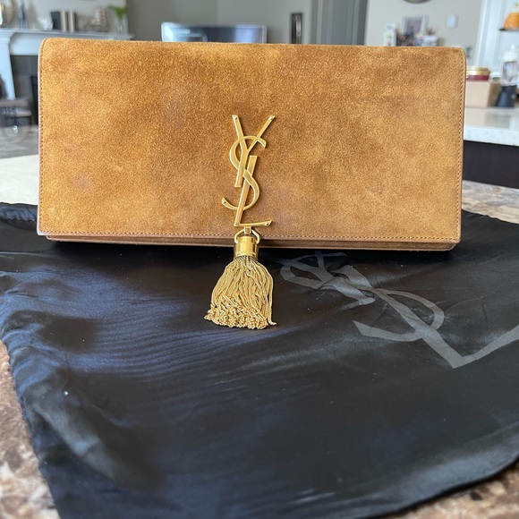 Saint Laurent Handbags - YSL Brown Suede Clutch with Tassel